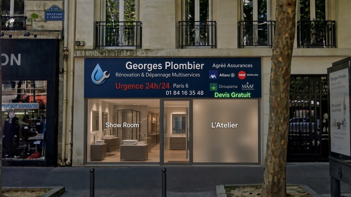 Devanture de Georges Plombier au 137 boulevard Saint-Germain, Paris 75006 : enseigne Urgence 24h/24, showroom et atelier